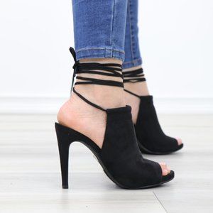 Black Faux Suede Open Toe Ankle Laces High Heels